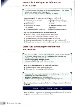 Exam skills 1: Giving extra information
about a stage
To extend and improve your answer, you can describe what happens in a stage, and then
add some extra details or explain why it happens.
The tea leaves areput on theground in the sun, so that they can be dried.
1 Match the stages (1-4) to the corresponding extra details (a-d).
1 The boxes of tea are delivered a which gives them extra flavour.
to supermarkets, b where they are put on the shelves
2 The sun shines, to be sold.
3 Salt and sugar are added to c in order to be made into sugar
the tomatoes, for cooking.
4 The sugar cane is taken to a factory, d which helps the plants to grow.
2 Join each pair of sentences using the words in brackets.
1 The fruit is sent to a factory. It is put into cans there, (where)
-fri/H' is swWo a fac-tory, v^ere> i+is io cans.
2 The biscuits are put in the oven. They are cooked, (in order to be)
3 The farmer waters the plants. This makes them grow more quickly, (which)
4 The mushrooms are stored in a dark room. This helps them to stay fresh, (so that)
Exam skills 2: Writing the introduction
and overview
^ As in other types of Task 1 question, in the introduction to a process, you need to rewrite
the question in your own words. There are several ways in which you can do this.
• Thepictures illustrate how tea isproduced.
• Thepictures show the steps involved in making tea.
• The diagram highlights theprocess by which tea isproduced.
1 Write an introductory sentence for these Task 1 questions.
1 The diagram shows how to produce potato chips.
2 The pictures show how people get a driving licence.
You can also add a ‘mini-overview’ sentence to the introduction to give a short summary
of the process. This can mean describing the:
• number of stages, and listing the first and last stages;
• different sections of the process (e.g. producing tea/making a cup of tea).
2 Complete the mini-overview below for the tea-making process using the words
in the box.
drinking from planting steps to
There are eighteen 1 ..................in the process, 2 ...................3 ...................the tea seeds in
the ground 4 ..................5 ................... a nice cup of tea.
106 9 Processes and maps
 