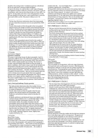 should bea fluctuating trend). Vocabulary is good, too. withphrases
like hit the peak point, remained stable anddipped.
To improve the answer, he couldintroduce a wider range oflanguage.
Onesuggestion wouldbe toaddsome comments to the answer, to give an
interpretation, rather thanjust describing the data (see Exam Skills 3 on
page 87). He also makes afew minorerrors with prepositions (At the
last year should be In the last year), and it would be better to write the
dates infull (2000, not 00). Thisanswer is likely to score 7.0.
2
The bar chart illustrates information about how many people
per year visited three museums over six-year period from 2000
to 2005.
Overall, what stands out from the graph isthere was gradual
upward trend in the number ofvisitors ofthe National Museum
in China, which became the most popular museum frombeing
at last place, while the Edo-Tokyo followed the opposite trend.
In detail, in the first two years ofthe period, the number of
visitors ofEdo-Tokyo remained stable at 13.5 millions, and
then fell to 9m in 2003, while that ofMET, NewYork, dropped
significantly by 50%, from 12m to 6m and remained at this
level in 2002.
However, there was gradual upward trend in the number of
visitors ofboth METand Edomuseums from 2003 to 2005, the
former number doubled and the latter rised by more than 50%,
finishing at 14.5 and 40 millions respectively. In addition, there
was significant increase ofthe number ofvisitors ofNational.
China over the whole six-year period, the figure finishing at
almost 16 millions.
(178 words)
Ana Ivanova, Bulgaria
Examiner’s comments
Thisanswer is interesting, because the data inparagraphs 3 and4 is
organizedina different way to the model answeronpage 84. She has
divided the information into two timeperiods (2000-2002 and 2003-
2005), which is anotherpossible way ofwriting. Thestructure is
excellent, with good linking (what stands out from the graph, in
detail, in addition), which makes it easy to read She has includedsome
interpretation ofthe data in the overview (which became the most
popular museum frombeing at last place), and there is some very
good vocabulary (the former... the latter, doubled, remained stable).
Aweakness is the lack ofarticles- there are several sentences where the
article is missing (over a six-year period, there was a gradual
upward trend), which wouldlower the grammar score. Thereare also a
few basic errors (rised), and there should not be an son million.
Thisanswer wouldbe likely to score 7for answering the question, 7for
organization, 7for vocabulary and 6for grammar, which wouldbe an
overall score of6.5.
Unit 8, Check and challenge, Practice question
The table provides information about the number ofseven
different classes which were in Mother Tongue language school
in London in September in 2010.
Overall, what stands out from the graph isthat the most
common class among students was Intermediate, while
Proficiency and advanced classes ranked in last place for
students.
In details, proficiency and advanced classes were slightly more
common among students at 25. Aconsiderably higher number
ofstudents did upper intermediate classes at 50. As for,
intermediate classes, the number ofstudents who did
intermediate classes was far higher than that ofclass at 200.
Ifwe look at other three classes, it can be seen that the number
ofstudents who did pre-intermediate classes was much higher
than the other two classes at 100. As regards, elementary
classes, a significantly higher number ofstudents were in them
at 90. Finally, regarding, beginner classes, slightly more
students did them at 30.
(155 words)
Merve Civas, Turkey
Examiner’s comments
The strongest aspect ofthis answer is theparagraphing andstructure.
Therearefour clearparagraphs, with a goodoverview inparagraph 2
andgood linking (Ifwe look a t..., what stands out from the graph is
...). Thegrammar has a range ofstructures to compare the data (a
considerably higher number ofstudents did .... the number of
students who did ... was much higher than ...), and there is some nice
vocabulary (significantly, considerably).
The keyproblem which prevents this answerfrom gettinga high score is
that the comparative sentences are missingsome details. It is not always
clear what is being compared-for instance, in the sentence...
proficiency and advanced classes were slightly more common
among students at 25, the reader doesn’t know whatproficiency and
advancedclasses are being compared to. There are alsoproblems with
punctuation- some parts have commas in the wrongplace (Finally,
regarding, beginner classes...).
Therefore this answer is likely to score 5.5. Ifthe comparatives were
more accurate, it wouldbe likely toget a higher mark.
Unit 9, Model answer 1, Exercise 2
The given pictures demonstrate the way ofmaking tomato
ketchup step by step. Overall, there are 15 steps to be done to
produce a bottle ofketchup.
First ofall, a farmer picks up tomatoes from his farm and put
them in baskets. Then, he selects only good tomatoes fromthe
ones he picked. After being sent to factory, the tomatoes will
have a removal process in order to get rid ofstalks, seeds, skins,
etc. Having been collected into containers, the processed
tomatoes are crushed and turned into liquid. Next, with adding
sugar, salt and vinegar, they are ready to boil.
After being left for two hours to be set, the tomato liquid are
poured into tomato ketchup bottles and labelled as polished
products. The next step is, in order to make quality the best,
inspectors check all their products. At just before the final stage,
only the selected bottles are packed and delivered to
supermarkets. Finally, the customers enjoy the tomato ketchup
with their food.
In conclusion, the process ofmaking a bottle oftomato ketchup
isdescribed with 15 initial stages.
(184 words)
Suzie, Mongolia
Examiner’s comments
This is an example ofa stronganswer, with a nice range ofgrammar,
and inparticular some excellentpassive structures (After being sent.
Having been collected). It also has some nice changes ofgrammar (a
removal process). Theparagraphing isgenerally good, with a clear
introduction andan overall sentence, and two clearparagraphs in the
body. However, some ofthe vocabulary is not quite right (picks up.
polished products), and the conclusion is a little confused-it seems
more like an introduction. Thereare also afew basicgrammar errors in
places (the tomato liquid are poured).
This answer would be likely to score 6.5.
Unit 9, Model answer 2, Exercise 3
The two maps show what happened in the town ofKimsville in
the last nine years: from 2002 until nowadays.
Overall, it can be seen that in 2002, Kimsville was green,
residential city, with lotsoftrees, but today it has become much
more industrial, with new apartment and software company.
First ofall. two areas which have been big improvements are
the north-west and south-west ofthe city. These areas used to
be full oftrees, but the trees were chopped down, and new
apartments and a football stadium have been built. Also, a new
train station has been constructed between them.
Another change isthe expansion ofthe shopping centre which
isin the north ofthe city centre. In addition, in 2002, there was
an old cinema in the south ofthe city. In recent years, it has
become a pub. Also, the factory near city centre has been
knocked down and replaced by a software company.
(160 words)
Selin, Turkey
Examiner’s comments
This has clearly been written by a student who has hadsome training in
how to write about maps, and it is a stronganswer. Thepassives are
very good, and the paragraphs are clearandeasy to read. It also has
some goodlinking words, anda clear overview inparagraph 2.
There are afew mistakes with articles (a green, residential city), and
also in thefirst line ofparagraph 3. the sentence should be two areas
which have seen big improvements. It couldalso be slightly longer,
and talk about more changes.
However, this is likely to score 7.0 in the exam.
Answer key
 