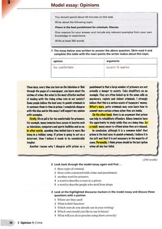 Model essay: Opinions
You should spend about 40 minutes on this task.
Write about the following topic:
Prison is the best punishment for criminals. Discuss.
Give reasons for your answer and include any relevant examples from your own
knowledge or experience.
Write at least 250 words.
1 The essay below was written to answer the above question. Skim-read it and
complete this table with the main points the writer makes about this topic.
........................................................................................-—^
opinion arguments
00 C0*Ylf0rtabl& access o iiMTi&s
These days, every time youturn ohthe television or flick
through the pages of a newspaper, you learn about the
victims of crime. Putwhat is the most effective method
of dealing with the rising crime rate in our society?
Some people believe the best way to punish criminals is
to sentencethem to time in prison. I completely disagree
with this idea and in this essay I will support my opinion
with examples.
Firstly, life in jail is far too comfortable for prisoners.
For example, many inmates have access to luxuries such
as televisions, computers and sports facilities and so on.
In other words, spending time behind bars is more like
being in a holiday camp. If prison is going to act as a
deterrent, then I believe it needs to be considerably
tougher.
Another reason why I disagree with prison as a
punishment is that a large number of prisoners are not
actually a danger to society. Take shoplifters as an
example. They are often locked up in the same cells as
murderers, rapists and violent criminals. I strongly
believethat this is a serious waste oftaxpayers' money.
W hafs more, petty criminals may even learn how to
commit more serious crimes when they are inside.
On the other hand, there is an argument that prison
can help to rehabilitate offenders. Many inmates have
the opportunity to study while they are doing time. As
a result, many never re-offend when they are released.
In conclusion, although it is a common belief that
prison is the bestway to punish criminals, I believe it is
too soft and that it is not necessary in the majority of
cases. Personally, I think prison should bethe last option
when all else has failed.
(294 words)
2 Look back through the model essay again and find ...
1 three types of criminal.
2 three verbs connected with crime and punishment.
3 another word for prisoners.
4 a word to describe a room in a prison.
5 a word to describe people who steal from shops.
3 Look at the highlighted discourse markers in the model essay and discuss these
questions with a partner.
1 Where are they used?
2 What is their function?
3 Which ones do you already use in your writing?
4 Which ones would you like to use in future?
5 What will you do to practise using them correctly?
3 Opinion 1: Crime
 