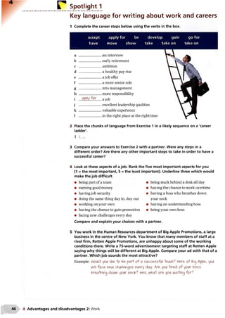 r . Spotlight 1
Key language for writing about work and careers
1 Complete the career steps below using the verbs in the box.
accept
have
apply for be
move show
develop gain
take take on
go for
take on
a ... .an interview
b ......................... early retirement
c ......................... ambition
d ......................... a healthy pay rise
e ......................... a job offer
f ......................... a more senior role
g ......................... into management
h ......................... more responsibility
i a job
j ......................... excellent leadership qualities
k ......................... valuable experience
l in the right place at the right time
2 Place the chunks of language from Exercise 1 in a likely sequence on a 'career
ladder'.
1 i, ...
3 Compare your answers to Exercise 2 with a partner. Were any steps in a
different order? Are there any other important steps to take in order to have a
successful career?
4 Look at these aspects of a job. Rank the five most important aspects for you
(1 = the most important 5 = the least important). Underline three which would
make the job difficult.
• being part of a team
• earning good money
• having job security
• doing the same thing day in, day out
• working on your own
• having the chance to gain promotion
• facing new challenges every day
Compare and explain your choices with a partner.
being stuck behind a desk all day
having the chance to work overtime
having a boss who breathes down
your neck
having an understanding boss
being your own boss
You work in the Human Resources department of Big Apple Promotions, a large
business in the centre of New York. You know that many members of staff at a
rival firm, Rotten Apple Promotions, are unhappy about some of the working
conditions there. Write a 75-word advertisement targeting staff at Rotten Apple
saying why things will be different at Big Apple. Compare your ad with that of a
partner. Which job sounds the most attractive?
Example: vtoiAid yew like o be pari' a? a siAccessfi/l teaM? Here a frig Apple>, yoh
fiill face ne^ challenges every day. Are yew +ired o? yeur boss
brea-hning ctovw yewr neck? Well, ^ha+ are ye?(Aparting for?
4 Advantages and disadvantages 2: Work
 