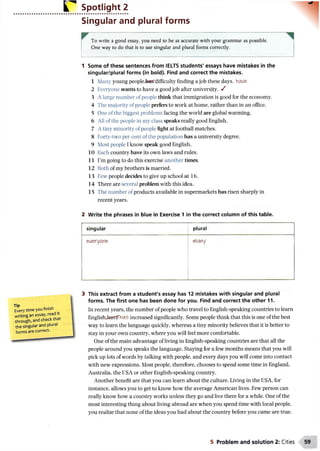 r Spotlight 2
Singular and plural forms
write a good essay, you need to be as accurate with your grammar as possible.
One way to do that is to use singular and plural forms correctly.
1 Some of these sentences from IELTS students' essays have mistakes in the
singular/plural forms (in bold). Find and correct the mistakes.
1 Many young people.has'difficulty finding a job these days, have
2 Everyone wants to have a good job after university. /
3 A large number of people think that immigration is good for the economy.
4 The majority of people prefers to work at home, rather than in an office.
5 One of the biggest problems facing the world are global warming.
6 All of the people in my class speaks really good English.
7 A tiny minority of people fight at football matches.
8 Forty-two per cent of the population has a university degree.
9 Most people I know speak good English.
10 Each country have its own laws and rules.
11 I’m going to do this exercise another times.
12 Both of my brothers is married.
13 Few people decides to give up school at 16.
14 There are several problem with this idea.
15 The number of products available in supermarkets has risen sharply in
recent years.
2 Write the phrases in blue in Exercise 1 in the correct column of this table.
singular plural
everyone many
Tip c . .
Every time you finisn
writing an essay, read it
through, and check that
the singular and plural
forms are correct.
3 This extract from a student's essay has 12 mistakes with singular and plural
forms. The first one has been done for you. Find and correct the other 11.
In recent years, the number of people who travel to English-speaking countries to learn
English.haxfg’has increased significantly. Some people think that this is one of the best
way to learn the language quickly, whereas a tiny minority believes that it is better to
stay in your own country, where you will feel more comfortable.
One of the main advantage of living in English-speaking countries are that all the
people around you speaks the language. Staying for a few months means that you will
pick up lots of words by talking with people, and every days you will come into contact
with new expressions. Most people, therefore, chooses to spend some time in England,
Australia, the USA or other English-speaking country.
Another benefit are that you can learn about the culture. Living in the USA, for
instance, allows you to get to know how the average American lives. Few person can
really know how a country works unless they go and live there for a while. One of the
most interesting thing about living abroad are when you spend time with local people,
you realize that none of the ideas you had about the country before you came are true.
5 Problem and solution 2: Cities
 