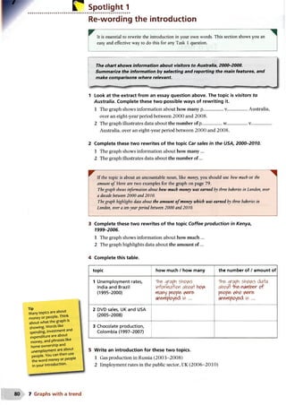 r Spotlight 1
Re-wording the introduction
It is essential to rewrite the introduction in your own words. This section shows you an
easy and effective way to do this for any Task 1 question.
The chart shows information about visitors to Australia, 2000-2008.
Summarize the information by selecting and reporting the main features, and
make comparisons where relevant.
1 Look at the extract from an essay question above. The topic is visitors to
Australia. Complete these two possible ways of rewriting it.
1 The graph shows information about how many p....................v................. Australia,
over an eight-year period between 2000 and 2008.
2 The graph illustrates data about the number ofp....................w................. v.................
Australia, over an eight-year period between 2000 and 2008.
2 Complete these two rewrites of the topic Car sales in the USA, 2000-2010.
1 The graph shows information about how many ...
2 The graph illustrates data about the number of...
If the topic is about an uncountable noun, like money, you should use how much or the
amount of. Here are two examples for the graph on page 79.
Thegraph shows information about how much money was earned by three bakeries in London, over
a decade between 2000 and 2010.
Thegraph highlights data about the amount o fmoney which was earned by three bakeries in
London, over a ten-yearperiod between 2000 and 2010.
3 Complete these two rewrites of the topic Coffee production in Kenya,
1999-2006.
1 The graph shows information about how much ...
2 The graph highlights data about the amount of...
4 Complete this table.
Tip
Many topics are about
money or people. Think
about what the graph is
showing. Words like
spending, investment and
expenditure are about
money, and phrases like
home ownership and
unemployment are about
people. You can then use
the word money orpeople
in your introduction.
topic how much / how many the number of / amount of
1 Unemployment rates,
India and Brazil
(1995-2000)
"The- graph siW S
irtforwicrlitfrt o?oosh0/Y
Many people-
Werfplpyed in ...
'The graph shows data
abeiAT-the rwmber of
people v^ho
lAn&nfiplpyed in . . .
2 DVD sales, UK and USA
(2005-2008)
r ........
3 Chocolate production,
Colombia (1997-2007)
5 Write an introduction for these two topics.
1 Gas production in Russia (2003-2008)
2 Employment rates in the public sector, UK (2006-2010)
7 Graphs w ith a trend
 