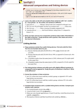 r Spotlight 3
Advanced comparatives and linking devices
A further way to increase your range of language for describing comparatives is to use
*not + verb + as + noun phrase + as.
Croonerspic did not sell as many CDs as MonsterHits Records in 1990, with 225,000 compared
to 230,000.
Coffee in France does not cost as much as in the UK, at £2 and £2.90 respectively.
Look at the table on the left and complete these sentences with ‘not + (verb) +
as + noun phrase + as'. Be careful, one sentence is different.
1 Japan did not..................Ethiopia, taking home nine compared to Ethiopia’s ten.
2 The USA won 48 gold medals, but this was nowhere near..................China won.
3 The USA was......................................China, winning 48 medals compared to 62.
4 Australia did not....................the French athletes, taking home 21 compared to
France’s 33.
Write one false and two true comparative sentences about other information in
the table in Exercise 1. Swap sentences with a partner, then check and correct
the incorrect information.
Linking devices
3 These sentences contain four useful linking devices. Find and underline them.
The first one has been done for you.
1 a Monster Hits Records sold 230,000 CDs in 1990, while Crooners pic sold
225,000.
b Monster Hits Records sold 2 30,000 CDs in 1990, as opposed to Crooners pic, who
sold 225,000.
2 a A hundred couples chose the name James in 2000, whereas just 20 couples opted
for the name Peter.
b A hundred couples chose the name James in 2000, compared to 20 who opted for
the name Peter.
4 The linking devices whereas and while work with slightly different grammar to
compared to and as opposed to. Study the pairs of sentences in Exercise 3. What
is the difference?
5 Correct the mistakes in these sentences.
1 Just 10% of first-time buyers said they needed a garage, as opposed to 30% said a
large kitchen was necessary.
2 Just 10% of first-time buyers said they needed a garage, whereas 30% who said a
large kitchen was necessary.
6 Complete these sentences with a suitable linking device and idea. Compare your
answers with a partner.
1 Five hundred people owned a dog, while ...
2 A meal at Rosie’s costs £20, as opposed to ...
3 Fifteen per cent of people aged between 18 and 30 said they visited Barcelona for the
nightlife, compared to ...
4 The majority of doctors said they found their jobs satisfying, whereas...
i 1
Gold Medals,
Beijing Olympics, 2008
China 62
USA 48
Russia 47
UK 42
France 33
Australia 21
Italy 19
Ethiopia 10
Japan 9
South Korea 5
8 Comparative graphs
 