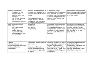 Research and Planning 
- What tasks did you 
complete when 
preparing to film your 
sequence? 
- How did your planning 
help the smooth 
progression of your film? 
Research into different types of 
movies which I could use for my 
own product specifically Horror 
movies. 
Planning allowed me to be 
ready to shoot our shots and 
know exactly what I wanted to 
do giving myself preparation. 
It allowed the overall 
construction part of my product 
to be done with the correct 
amount of time and not drag on 
due to not being prepared and 
allowing myself to know what I 
want to shoot. 
Research and Planning will be 
done intensely in A2 to ensure I 
am prepared for the production 
of my next product. 
Using conventions of real 
media texts 
- Which texts did you 
analyse? 
- Did you take any 
inspiration from the 
conventions found from 
your research? 
Jump scares 
Eerie music 
Dark settings 
Scary imagery 
Using these conventions from 
horror movies allowed me to 
find inspiration for making my 
own product as good as theirs 
and using my editing skills to 
produce quality of the same 
standard 
Conventions can be used as 
inspirations and a guideline for 
products you make so I am 
going to highly consider using 
this as a base for my next 
product in A2. 
Creativity 
- Were our ideas for your 
portfolio imaginative and unique 
or did you adhere to 
conventions? 
Conventions: Setting, Character 
age, music. 
Unique ideas: Character 
initiative and personality, old 
school monster as opposed to 
cgi effects. 
I did a mix to benefit my product 
providing uniqueness as well as 
applying conventions for 
professionalism allowing the 
product to not be a cheap copy 
or too unfamiliar for the genre 
it’s targeting. 
Conventions are important in a 
product but I believe 
uniqueness is how people find 
and grow a liking to new 
products released and is why I 
will probably use a mix. 
