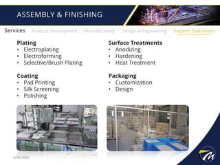 9/29/2015
ASSEMBLY & FINISHING
Plating
• Electroplating
• Electroforming
• Selective/Brush Plating
Coating
• Pad Printing
• Silk Screening
• Polishing
Surface Treatments
• Anodizing
• Hardening
• Heat Treatment
Packaging
• Customization
• Design
 