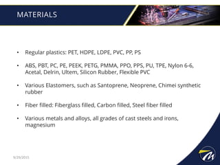 MATERIALS
• Regular plastics: PET, HDPE, LDPE, PVC, PP, PS
• ABS, PBT, PC, PE, PEEK, PETG, PMMA, PPO, PPS, PU, TPE, Nylon 6-6,
Acetal, Delrin, Ultem, Silicon Rubber, Flexible PVC
• Various Elastomers, such as Santoprene, Neoprene, Chimei synthetic
rubber
• Fiber filled: Fiberglass filled, Carbon filled, Steel fiber filled
• Various metals and alloys, all grades of cast steels and irons,
magnesium
9/29/2015
 