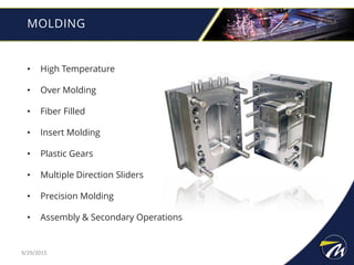• High Temperature
• Over Molding
• Fiber Filled
• Insert Molding
• Plastic Gears
• Multiple Direction Sliders
• Precision Molding
• Assembly & Secondary Operations
MOLDING
9/29/2015
 