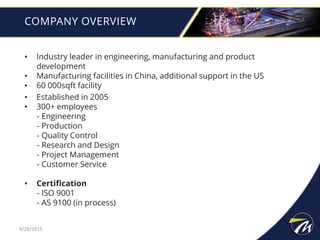 • Industry leader in engineering, manufacturing and product
development
• Manufacturing facilities in China, additional support in the US
• 60 000sqft facility
• Established in 2005
• 300+ employees
- Engineering
- Production
- Quality Control
- Research and Design
- Project Management
- Customer Service
• Certification
- ISO 9001
- AS 9100 (in process)
COMPANY OVERVIEW
9/29/2015
 