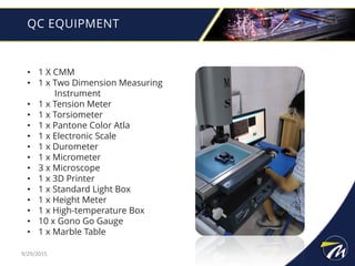 QC EQUIPMENT
• 1 X CMM
• 1 x Two Dimension Measuring
Instrument
• 1 x Tension Meter
• 1 x Torsiometer
• 1 x Pantone Color Atla
• 1 x Electronic Scale
• 1 x Durometer
• 1 x Micrometer
• 3 x Microscope
• 1 x 3D Printer
• 1 x Standard Light Box
• 1 x Height Meter
• 1 x High-temperature Box
• 10 x Gono Go Gauge
• 1 x Marble Table
9/29/2015
 