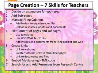 Page Creation – 7 Skills for Teachers Decide on a structure for your area Add Sub-pages Manage Filing Cabinets Add folders to organise your files Upload resources, photos and documents Edit Content of pages and subpages Use templates Use WYSIWYG Text Editor Add images and documents from filing cabinet and web Create Links Link to websites Create “Internal Link” to other Knet pages Link to documents and files Embed Media using HTML code Search for and Add Resources from Research Centre 