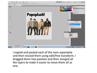 I copied and pasted each of the men separately
and then resized them using edit/free transform. I
dragged them into position and then merged all
the layers to make it easier to move them all as
one.
 