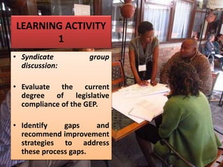 LEARNING ACTIVITY
1
• Syndicate group
discussion:
• Evaluate the current
degree of legislative
compliance of the GEP.
• Identify gaps and
recommend improvement
strategies to address
these process gaps.
 