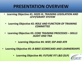 PRESENTATION OVERVIEW
• Learning Objective #1: NSDS III, TRAINING LEGISLATION AND
LEVY/GRANT SYSTEM
• Learning Objective #2: ROLE AND FUNCTION OF TRAINING
COMMITTEE
• Learning Objective #3: CORE TRAINING PROCESSES – SKILLS
AUDIT AND TNA
• Learning Objective #4: WSP, SSP AND ATR
• Learning Objective #5: B-BBEE SCORECARD AND LEARNERSHIPS
• Learning Objective #6: FUTURE FIT L&D (SLP)
 