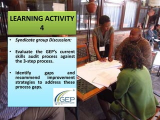 LEARNING ACTIVITY
4
• Syndicate group Discussion:
• Evaluate the GEP’s current
skills audit process against
the 3-step process.
• Identify gaps and
recommend improvement
strategies to address these
process gaps.
 
