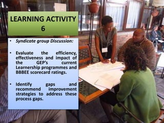 LEARNING ACTIVITY
6
• Syndicate group Discussion:
• Evaluate the efficiency,
effectiveness and impact of
the GEP’s current
Learnership programmes and
BBBEE scorecard ratings.
• Identify gaps and
recommend improvement
strategies to address these
process gaps.
 