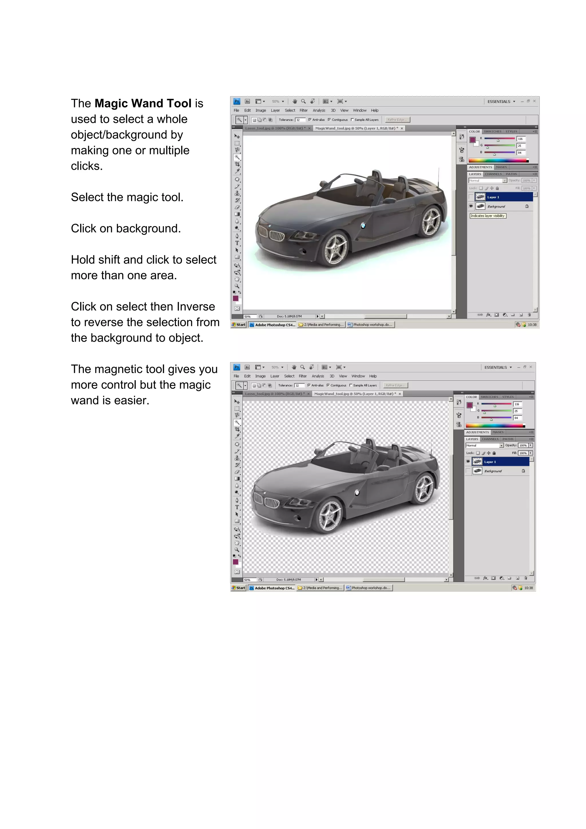 The Magic Wand Tool is
used to select a whole
object/background by
making one or multiple
clicks.

Select the magic tool.

Click on background.

Hold shift and click to select
more than one area.

Click on select then Inverse
to reverse the selection from
the background to object.

The magnetic tool gives you
more control but the magic
wand is easier.
 