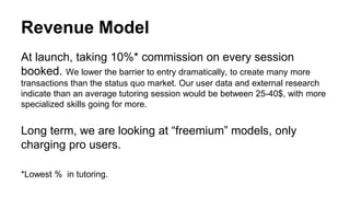 Revenue Model
At launch, taking 10%* commission on every session
booked. We lower the barrier to entry dramatically, to create many more
transactions than the status quo market. Our user data and external research
indicate than an average tutoring session would be between 25-40$, with more
specialized skills going for more.
Long term, we are looking at “freemium” models, only
charging pro users.
*Lowest % in tutoring.
 