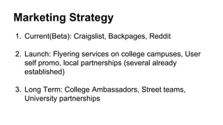 Marketing Strategy
1. Current(Beta): Craigslist, Backpages, Reddit
2. Launch: Flyering services on college campuses, User
self promo, local partnerships (several already
established)
3. Long Term: College Ambassadors, Street teams,
University partnerships
 