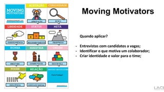 Moving Motivators
Quando aplicar?
- Entrevistas com candidatos a vagas;
- Identificar o que motiva um colaborador;
- Criar identidade e valor para o time;
 