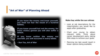 C E N T R E F O R F U T U R E - R E A D Y G R A D U A T E S
“Art of War” of Planning Ahead
If you know the enemy and know yourself,
you need not fear the result of a hundred
battles.
If you know yourself but not the enemy, for
every victory gained you will also suffer a
defeat.
If you know neither the enemy nor
yourself, you will succumb in every battle.
- Sun Tzu, Art of War
Make hay while the sun shines
• Look at job descriptions for the
roles/industry you would like to
apply after graduating.
• Chart your course to obtain
relevant skills. Think about
career development early, taking
little steps to achieve your goals.
• Planning too late would result in
lesser options being available.
 
