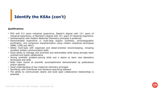 C E N T R E F O R F U T U R E - R E A D Y G R A D U A T E S
Identify the KSAs (con’t)
Qualifications
• PhD with 0-2 years industrial experience, Master’s degree with 12+ years of
industrial experience, or Bachelor’s degree with 15+ years of industrial experience
• Familiarization with modern Medicinal Chemistry principles is preferred
• Demonstrated experience in multi-step organic synthesis, chromatographic
purification, and compound characterization using modern analytical techniques
(NMR, LCMS and HPLC)
• Ability multi-task with organized and detail-oriented record-keeping; including
excellent written communication skills
• Good ability to manage own priorities and deliverables while being strongly team
oriented and highly collaborative
• Strong synthetic problem-solving skills and a desire to learn new laboratory
techniques and skills
• Solid track record of scientific accomplishment demonstrated by publications
and/or patents
• Good understanding of key medicinal chemistry principles
• Familiarity with ChemDraw and literature searching software
• The ability to communicate clearly and build open collaborative relationships is
essential
 
