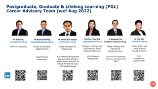 Dr Senthil Raja Jayapal
senthilr@nus.edu.sg
College of Design and
Engineering,
SCALE Masters Programmes
Saw Swee Hock School of
Public Health, Yong Loo Lin
School of Medicine, Duke-
NUS Medical School
Ms Chan Choy Wah
choywahc@nus.edu.sg
College of Design and
Engineering, SCALE
Masters Programmes
SCALE Masters
Programmes
Mr Ryan Ang
ryanang@nus.edu.sg
School of Computing
Dr May Koh
k.may@nus.edu.sg
Faculty of Arts and
Social Sciences
Faculty of Science
Risk
Management
Institute (RMI)
Mr Raymond Wong
raymondwong@nus.edu.sg
Master of Computing
(Digital Fintech)
SCALE Masters
Programmes
Grad Sch for Integrative
Sciences and Engineering
(ISEP)
Dr Benjamin Tan
benjamin-tan@nus.edu.sg
College of Design and
Engineering
Faculty of Science
Postgraduate, Graduate & Lifelong Learning (PGL)
Career Advisory Team (wef Aug 2022)
 