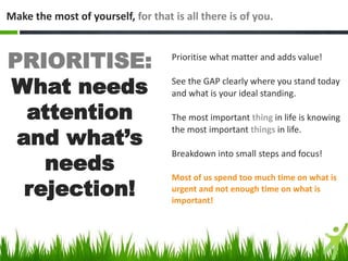 Prioritise what matter and adds value!
See the GAP clearly where you stand today
and what is your ideal standing.
The most important thing in life is knowing
the most important things in life.
Breakdown into small steps and focus!
Most of us spend too much time on what is
urgent and not enough time on what is
important!
Make the most of yourself, for that is all there is of you.
PRIORITISE:
What needs
attention
and what’s
needs
rejection!
 
