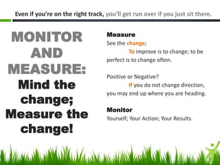Measure
See the change;
To improve is to change; to be
perfect is to change often.
Positive or Negative?
If you do not change direction,
you may end up where you are heading.
Monitor
Yourself; Your Action; Your Results.
Even if you’re on the right track, you’ll get run over if you just sit there.
MONITOR
AND
MEASURE:
Mind the
change;
Measure the
change!
 