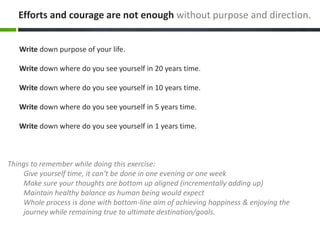 Efforts and courage are not enough without purpose and direction.
Write down purpose of your life.
Write down where do you see yourself in 20 years time.
Write down where do you see yourself in 10 years time.
Write down where do you see yourself in 5 years time.
Write down where do you see yourself in 1 years time.
Things to remember while doing this exercise:
Give yourself time, it can’t be done in one evening or one week
Make sure your thoughts are bottom up aligned (incrementally adding up)
Maintain healthy balance as human being would expect
Whole process is done with bottom-line aim of achieving happiness & enjoying the
journey while remaining true to ultimate destination/goals.
 