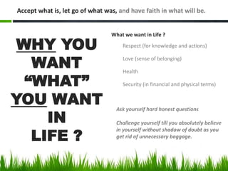 What we want in Life ?
Respect (for knowledge and actions)
Love (sense of belonging)
Health
Security (in financial and physical terms)
WHY YOU
WANT
“WHAT”
YOU WANT
IN
LIFE ?
Ask yourself hard honest questions
Challenge yourself till you absolutely believe
in yourself without shadow of doubt as you
get rid of unnecessary baggage.
Accept what is, let go of what was, and have faith in what will be.
 