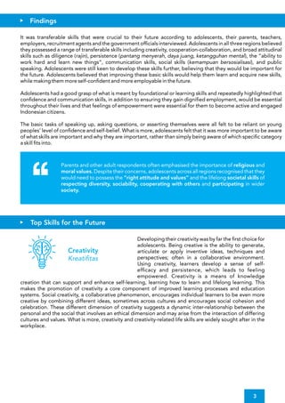 Adolescents had a good grasp of what is meant by foundational or learning skills and repeatedly highlighted that
con dence and communication skills, in addition to ensuring they gain digni ed employment, would be essential
throughout their lives and that feelings of empowerment were essential for them to become active and engaged
Indonesian citizens.
It was transferable skills that were crucial to their future according to adolescents, their parents, teachers,
employers, recruitment agents and the government of cials interviewed. Adolescents in all three regions believed
they possessed a range of transferable skills including creativity, cooperation-collaboration, and broad attitudinal
skills such as diligence (rajin), persistence (pantang menyerah, daya juang, ketangguhan mental), the “ability to
work hard and learn new things”, communication skills, social skills (kemampuan bersosialisasi), and public
speaking. Adolescents were still keen to develop these skills further, believing that they would be important for
the future. Adolescents believed that improving these basic skills would help them learn and acquire new skills,
while making them more self-con dent and more employable in the future.
The basic tasks of speaking up, asking questions, or asserting themselves were all felt to be reliant on young
peoples' level of con dence and self-belief. What is more, adolescents felt that it was more important to be aware
of what skills are important and why they are important, rather than simply being aware of which speci c category
a skill ts into.
Findings
Parents and other adult respondents often emphasised the importance of religious and
moral values. Despite their concerns, adolescents across all regions recognised that they
would need to possess the “right attitude and values” and the lifelong societal skills of
respecting diversity, sociability, cooperating with others and participating in wider
society.
Top Skills for the Future
Developing their creativity was by far the rst choice for
adolescents. Being creative is the ability to generate,
articulate or apply inventive ideas, techniques and
perspectives; often in a collaborative environment.
Using creativity, learners develop a sense of self-
ef cacy and persistence, which leads to feeling
empowered. Creativity is a means of knowledge
creation that can support and enhance self-learning, learning how to learn and lifelong learning. This
makes the promotion of creativity a core component of improved learning processes and education
systems. Social creativity, a collaborative phenomenon, encourages individual learners to be even more
creative by combining different ideas, sometimes across cultures and encourages social cohesion and
celebration. These different dimension of creativity suggests a dynamic inter-relationship between the
personal and the social that involves an ethical dimension and may arise from the interaction of differing
cultures and values. What is more, creativity and creativity-related life skills are widely sought after in the
workplace.
Creativity
Kreati tas
3
 