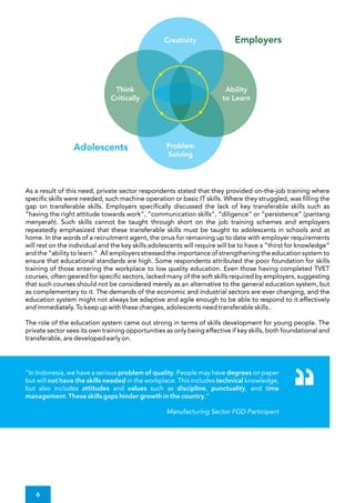 As a result of this need, private sector respondents stated that they provided on-the-job training where
speci c skills were needed, such machine operation or basic IT skills. Where they struggled, was lling the
gap on transferable skills. Employers speci cally discussed the lack of key transferable skills such as
“having the right attitude towards work”, “communication skills”, “diligence” or “persistence” (pantang
menyerah). Such skills cannot be taught through short on the job training schemes and employers
repeatedly emphasized that these transferable skills must be taught to adolescents in schools and at
home. In the words of a recruitment agent, the onus for remaining up to date with employer requirements
will rest on the individual and the key skills adolescents will require will be to have a “thirst for knowledge”
and the “ability to learn.” All employers stressed the importance of strengthening the education system to
ensure that educational standards are high. Some respondents attributed the poor foundation for skills
training of those entering the workplace to low quality education. Even those having completed TVET
courses, often geared for speci c sectors, lacked many of the soft skills required by employers, suggesting
that such courses should not be considered merely as an alternative to the general education system, but
as complementary to it. The demands of the economic and industrial sectors are ever changing, and the
education system might not always be adaptive and agile enough to be able to respond to it effectively
and immediately. To keep up with these changes, adolescents need transferable skills..
The role of the education system came out strong in terms of skills development for young people. The
private sector sees its own training opportunities as only being effective if key skills, both foundational and
transferable, are developed early on.
Problem
Solving
Creativity
Ability
to Learn
Think
Critically
Employers
Adolescents
“In Indonesia, we have a serious problem of quality. People may have degrees on paper
but will not have the skills needed in the workplace. This includes technical knowledge,
but also includes attitudes and values such as discipline, punctuality, and time
management. These skills gaps hinder growth in the country.”
Manufacturing Sector FGD Participant
6
 