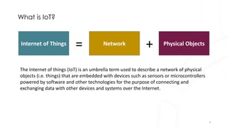 4
What is IoT?
Internet of Things = +
Network Physical Objects
The Internet of things (IoT) is an umbrella term used to describe a network of physical
objects (i.e. things) that are embedded with devices such as sensors or microcontrollers
powered by software and other technologies for the purpose of connecting and
exchanging data with other devices and systems over the Internet.
 