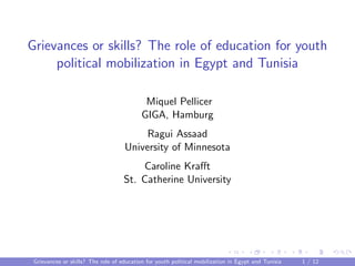 Grievances or skills? The role of education for youth
political mobilization in Egypt and Tunisia
Miquel Pellicer
GIGA, Hamburg
Ragui Assaad
University of Minnesota
Caroline Kraﬀt
St. Catherine University
Grievances or skills? The role of education for youth political mobilization in Egypt and Tunisia 1 / 12
 