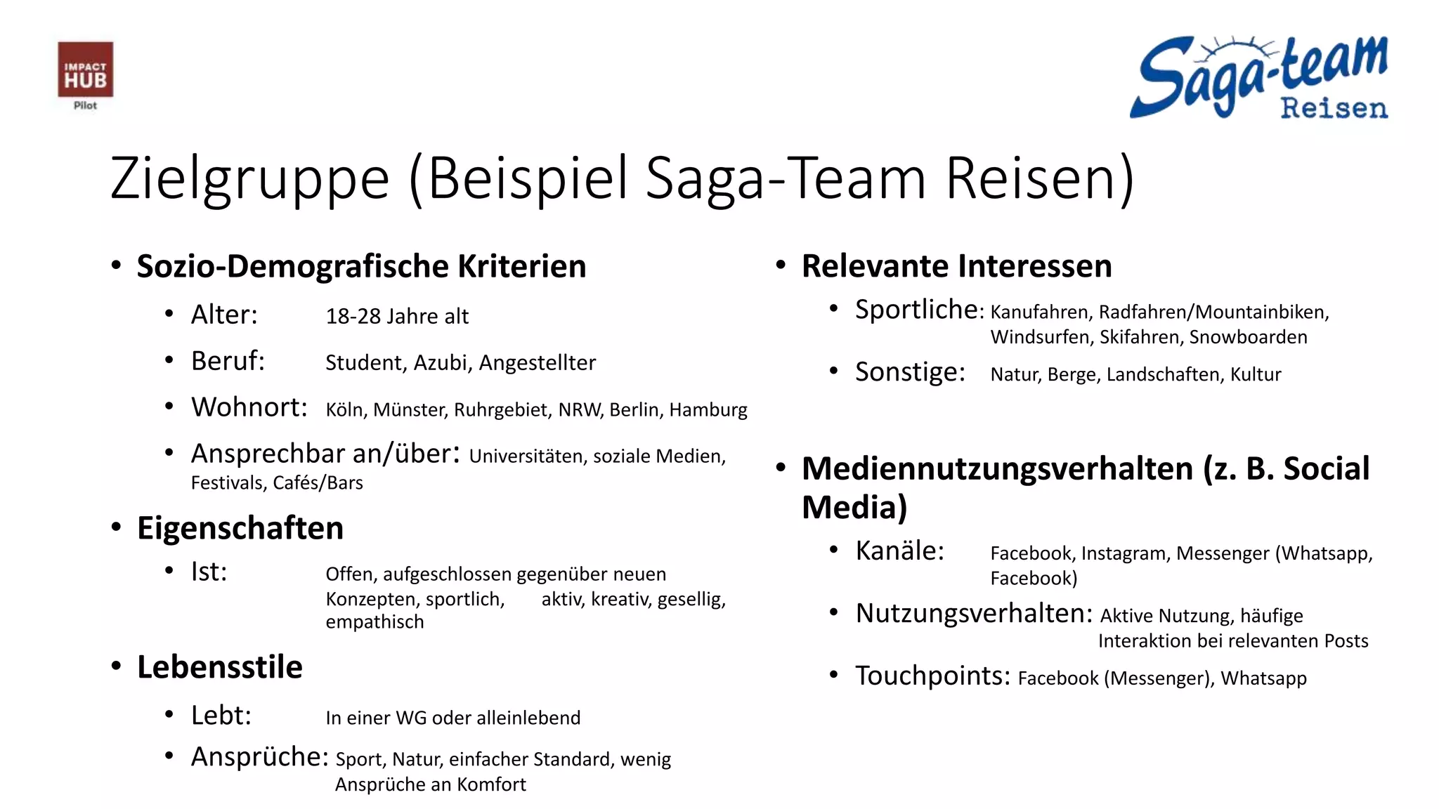 Zielgruppe (Beispiel Saga-Team Reisen)
• Sozio-Demografische Kriterien
• Alter: 18-28 Jahre alt
• Beruf: Student, Azubi, Angestellter
• Wohnort: Köln, Münster, Ruhrgebiet, NRW, Berlin, Hamburg
• Ansprechbar an/über: Universitäten, soziale Medien,
Festivals, Cafés/Bars
• Eigenschaften
• Ist: Offen, aufgeschlossen gegenüber neuen
Konzepten, sportlich, aktiv, kreativ, gesellig,
empathisch
• Lebensstile
• Lebt: In einer WG oder alleinlebend
• Ansprüche: Sport, Natur, einfacher Standard, wenig
Ansprüche an Komfort
• Relevante Interessen
• Sportliche: Kanufahren, Radfahren/Mountainbiken,
Windsurfen, Skifahren, Snowboarden
• Sonstige: Natur, Berge, Landschaften, Kultur
• Mediennutzungsverhalten (z. B. Social
Media)
• Kanäle: Facebook, Instagram, Messenger (Whatsapp,
Facebook)
• Nutzungsverhalten: Aktive Nutzung, häufige
Interaktion bei relevanten Posts
• Touchpoints: Facebook (Messenger), Whatsapp
 
