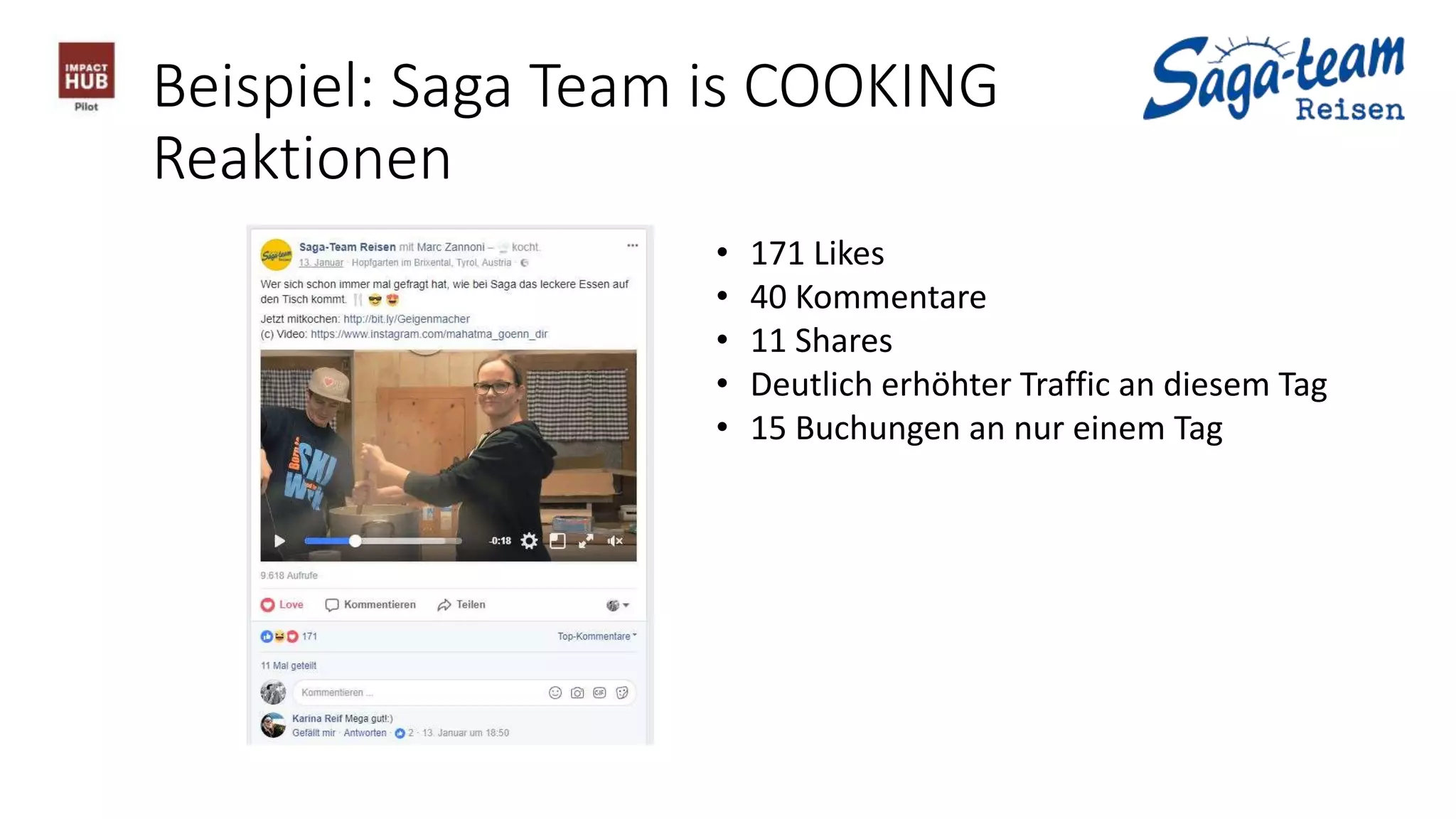 Beispiel: Saga Team is COOKING
Reaktionen
• 171 Likes
• 40 Kommentare
• 11 Shares
• Deutlich erhöhter Traffic an diesem Tag
• 15 Buchungen an nur einem Tag
 