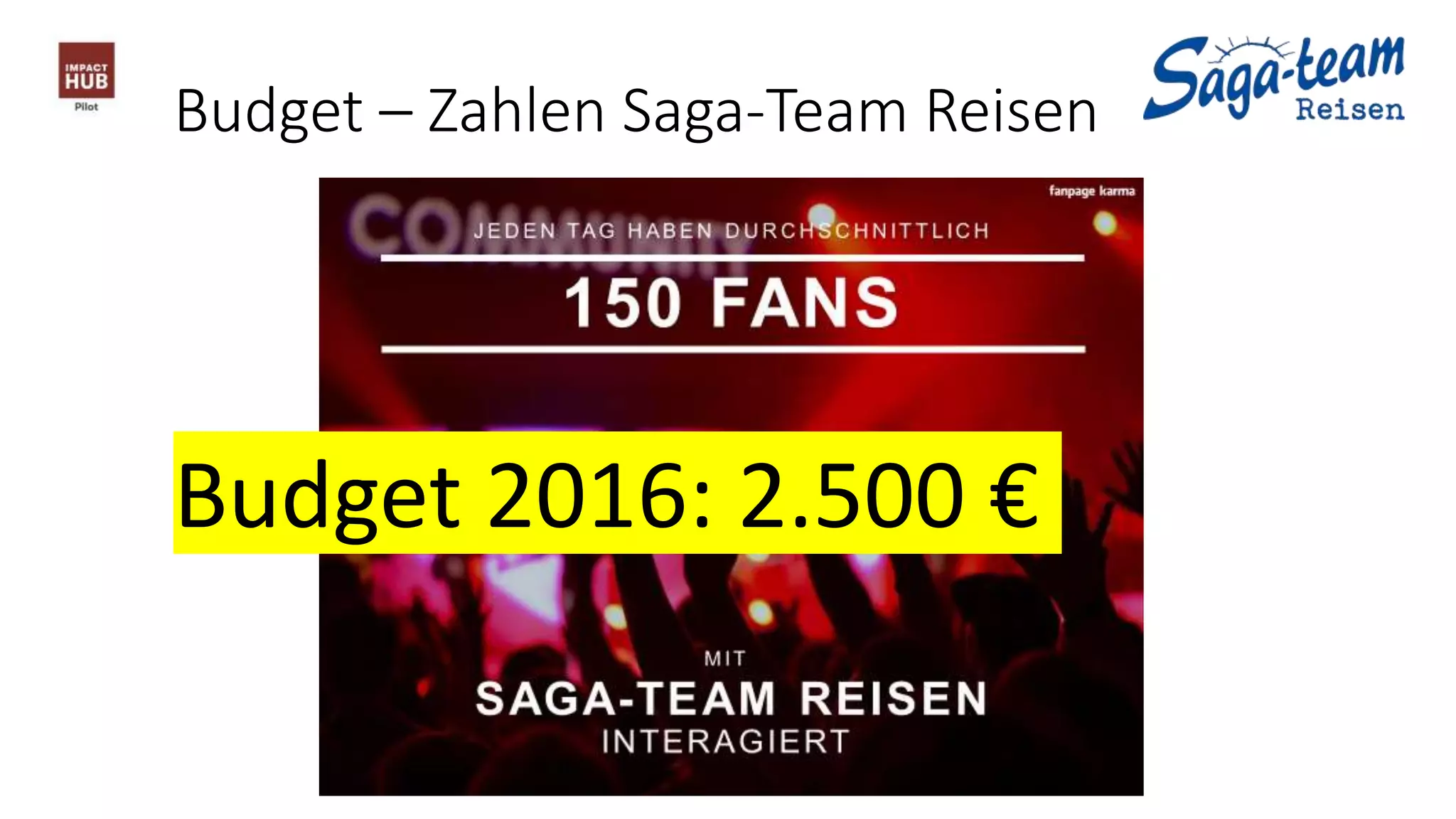 Budget – Zahlen Saga-Team Reisen
Budget 2016: 2.500 €
 
