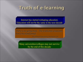 Internet has started reshaping education.
Education will not be the same in the next decade
There is no going back. The traditional classroomThere is no going back. The traditional classroom
has to be transformedhas to be transformed
Web-based Education Commission, USWeb-based Education Commission, US
Many universities/colleges may not surviveMany universities/colleges may not survive
by the end of this decadeby the end of this decade
 