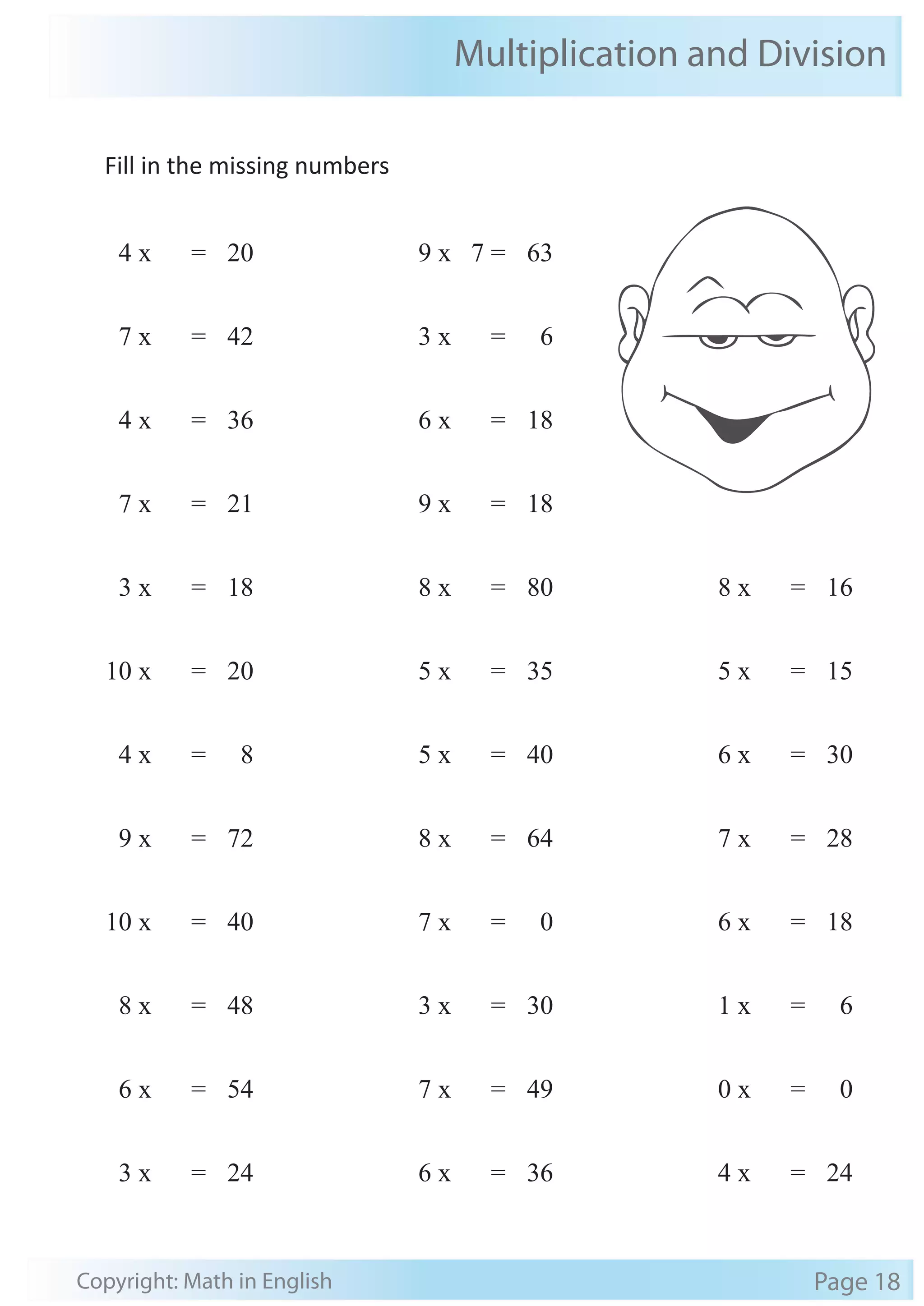 Multiplication and Division 
Fill in the missing numbers 
4 x = 20 
7 x = 42 
4 x = 36 
7 x = 21 
3 x = 18 
10 x = 20 
4 x = 8 
9 x = 72 
10 x = 40 
8 x = 48 
6 x = 54 
3 x = 24 
9 x 7 = 63 
3 x = 6 
6 x = 18 
9 x = 18 
8 x = 80 
5 x = 35 
5 x = 40 
8 x = 64 
7 x = 0 
3 x = 30 
7 x = 49 
6 x = 36 
8 x = 16 
5 x = 15 
6 x = 30 
7 x = 28 
6 x = 18 
1 x = 6 
0 x = 0 
4 x = 24 
Copyright: Math in English Page 18 
 