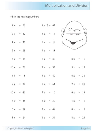 Multiplication and Division
Copyright: Math in English Page 18
Fill in the missing numbers
4 x = 20
7 x = 42
4 x = 36
7 x = 21
3 x = 18
10 x = 20
4 x = 8
9 x = 72
10 x = 40
8 x = 48
6 x = 54
3 x = 24
9 x 7 = 63
3 x = 6
6 x = 18
9 x = 18
8 x = 80
5 x = 35
5 x = 40
8 x = 64
7 x = 0
3 x = 30
7 x = 49
6 x = 36
8 x = 16
5 x = 15
6 x = 30
7 x = 28
6 x = 18
1 x = 6
0 x = 0
4 x = 24
 