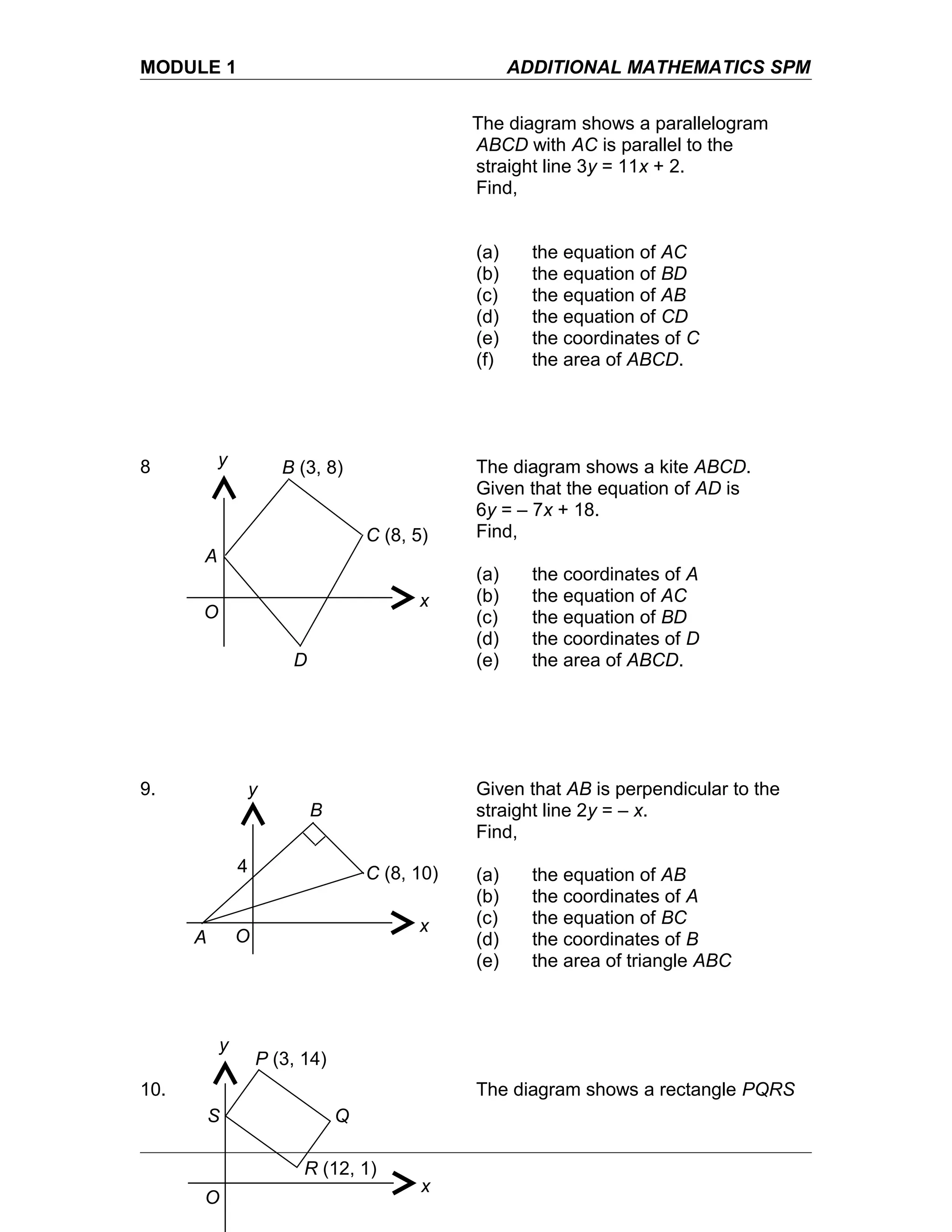 MODULE 1 ADDITIONAL MATHEMATICS SPM
The diagram shows a parallelogram
ABCD with AC is parallel to the
straight line 3y = 11x + 2.
Find,
(a) the equation of AC
(b) the equation of BD
(c) the equation of AB
(d) the equation of CD
(e) the coordinates of C
(f) the area of ABCD.
8 The diagram shows a kite ABCD.
Given that the equation of AD is
6y = – 7x + 18.
Find,
(a) the coordinates of A
(b) the equation of AC
(c) the equation of BD
(d) the coordinates of D
(e) the area of ABCD.
9. Given that AB is perpendicular to the
straight line 2y = – x.
Find,
(a) the equation of AB
(b) the coordinates of A
(c) the equation of BC
(d) the coordinates of B
(e) the area of triangle ABC
10. The diagram shows a rectangle PQRS
A
D
C (8, 5)
B (3, 8)
x
y
O
A
C (8, 10)
B
x
y
O
4
P (3, 14)
R (12, 1)
QS
x
y
O
 
