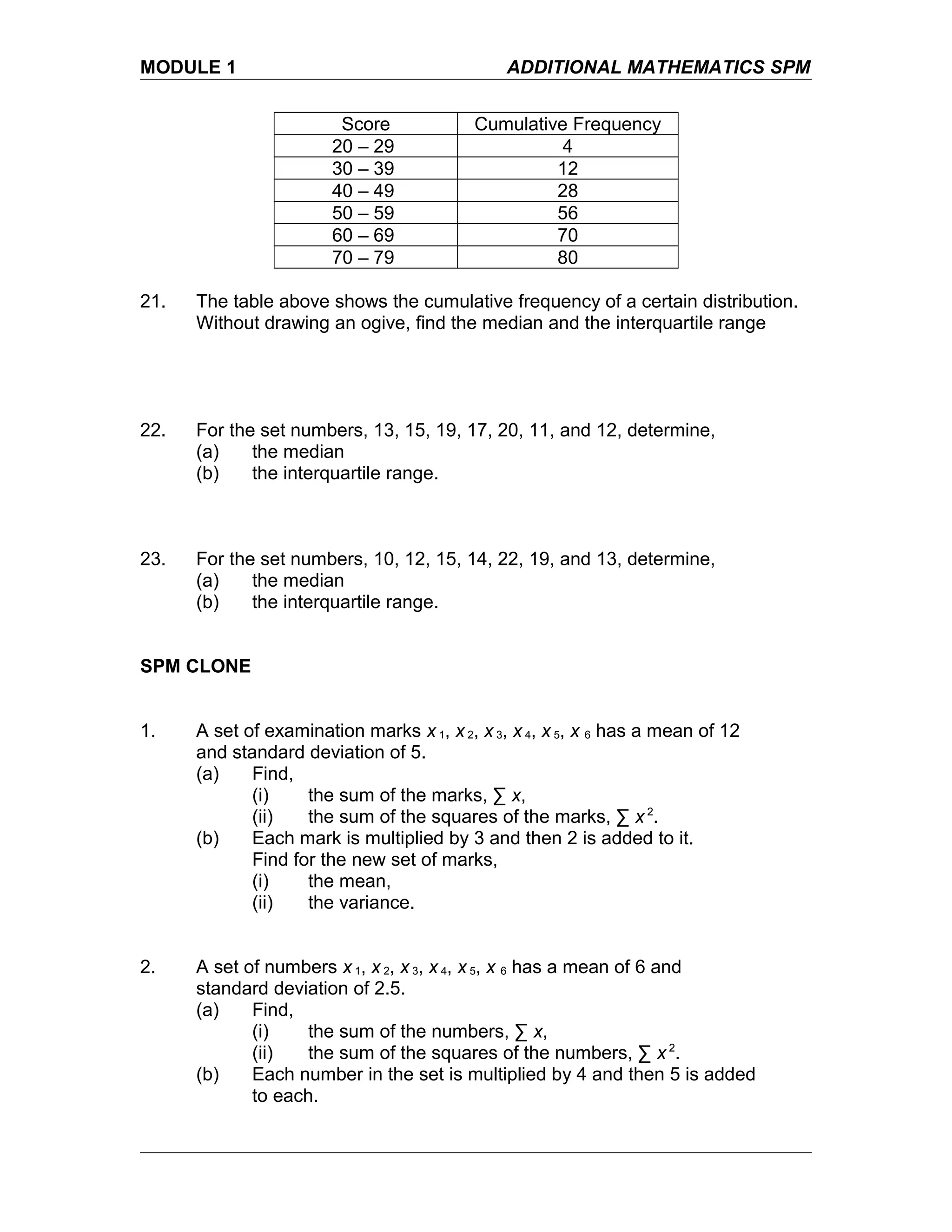 MODULE 1 ADDITIONAL MATHEMATICS SPM
Score Cumulative Frequency
20 – 29 4
30 – 39 12
40 – 49 28
50 – 59 56
60 – 69 70
70 – 79 80
21. The table above shows the cumulative frequency of a certain distribution.
Without drawing an ogive, find the median and the interquartile range
22. For the set numbers, 13, 15, 19, 17, 20, 11, and 12, determine,
(a) the median
(b) the interquartile range.
23. For the set numbers, 10, 12, 15, 14, 22, 19, and 13, determine,
(a) the median
(b) the interquartile range.
SPM CLONE
1. A set of examination marks x 1, x 2, x 3, x 4, x 5, x 6 has a mean of 12
and standard deviation of 5.
(a) Find,
(i) the sum of the marks, ∑ x,
(ii) the sum of the squares of the marks, ∑ x 2
.
(b) Each mark is multiplied by 3 and then 2 is added to it.
Find for the new set of marks,
(i) the mean,
(ii) the variance.
2. A set of numbers x 1, x 2, x 3, x 4, x 5, x 6 has a mean of 6 and
standard deviation of 2.5.
(a) Find,
(i) the sum of the numbers, ∑ x,
(ii) the sum of the squares of the numbers, ∑ x 2
.
(b) Each number in the set is multiplied by 4 and then 5 is added
to each.
 