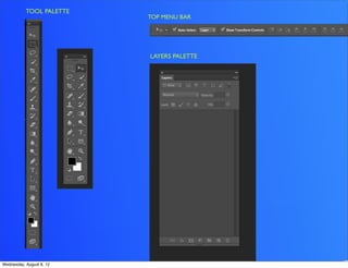 TOOL PALETTE
                          TOP MENU BAR




                          LAYERS PALETTE




Wednesday, August 8, 12
 