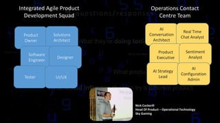 S k i l l s & K n o w l e d g e i n C u s t o m e r F a c i n g T e a m 2 0 2 0
Product
Owner
Solutions
Architect
Software
Engineer
Designer
Tester UI/UX
Contact
Centre
Advisor
Shift
Supervisor
CEL Team Leader
Shift
Supervisor
Resource
planner
AI
Conversation
Architect
Real Time
Chat Analyst
Product
Executive
Sentiment
Analyst
AI Strategy
Lead
AI
Configuration
Admin
Integrated Agile Product
Development Squad
Operations Contact
Centre Team
Nick Cockerill
Head Of Product – Operational Technology
Sky Gaming
 