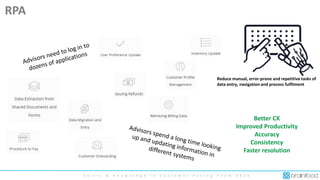 S k i l l s & K n o w l e d g e i n C u s t o m e r F a c i n g T e a m 2 0 2 0
Reduce manual, error-prone and repetitive tasks of
data entry, navigation and process fulfilment
RPA
Better CX
Improved Productivity
Accuracy
Consistency
Faster resolution
 
