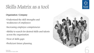 Skills Matrix as a tool
Organisation / Company
•Understand the skill strengths and
weaknesses of employees
•Increasing employee competencies
•Ability to search for desired skills and talents
across the organisation
•View of skills gaps
•Proficient future planning
 