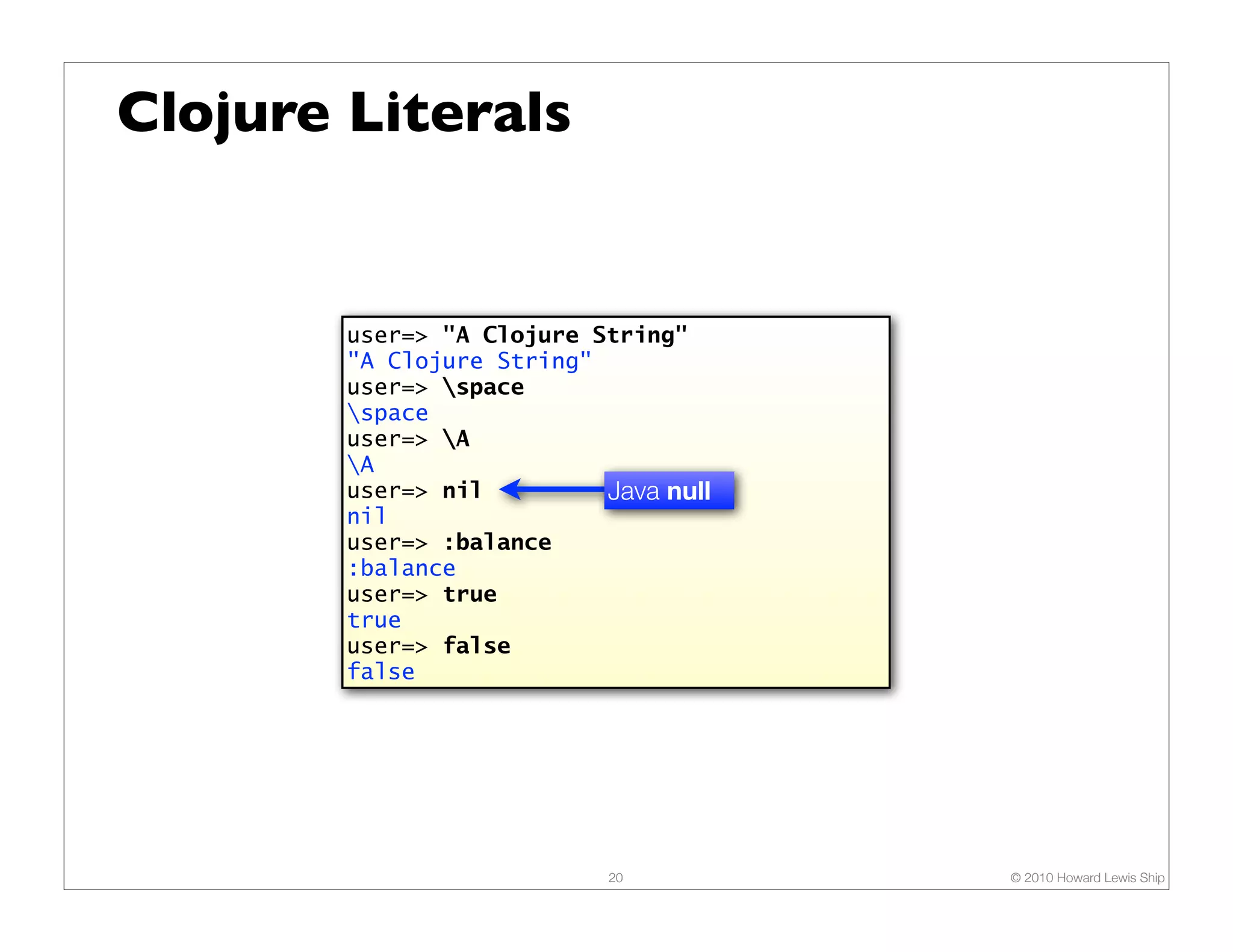 Clojure Literals user=> "A Clojure String" "A Clojure String" user=> space space user=> A A user=> nil Java null nil user=> :balance :balance user=> true true user=> false false 20 © 2010 Howard Lewis Ship 