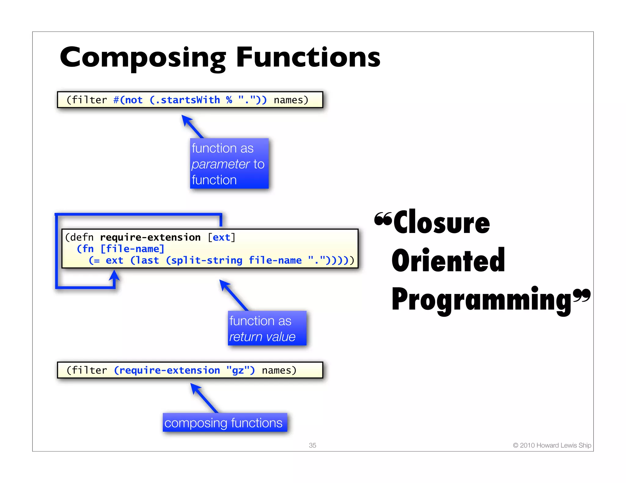 Composing Functions (filter #(not (.startsWith % ".")) names) function as parameter to function (defn require-extension [ext] ❝Closure Oriented (fn [file-name] (= ext (last (split-string file-name "."))))) Programming❞ function as return value (filter (require-extension "gz") names) composing functions 35 © 2010 Howard Lewis Ship 