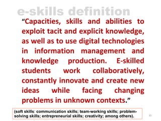 “ Capacities, skills and abilities to exploit tacit and explicit knowledge, as well as to use digital technologies in information management and knowledge production. E-skilled students work collaboratively, constantly innovate and create new ideas while facing changing problems in unknown contexts . ” e-skills definition (soft skills :  communication skills; team-working skills; problem-solving skills; entrepreneurial skills; creativity; among others). 