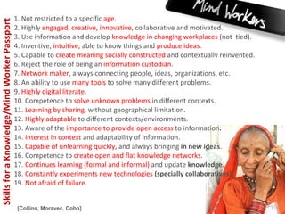 1. Not restricted to a specific  age . 2. Highly  engaged, creative, innovative , collaborative and motivated. 3. Use information and develop  knowledge in changing workplaces  (not  tied). 4. Inventive,  intuitive , able to know things and  produce ideas . 5. Capable to  create meaning socially constructed  and contextually reinvented. 6. Reject the role of being an  information custodian . 7.  Network maker , always connecting people, ideas, organizations, etc. 8. An ability to use  many tools  to solve many different problems. 9.  Highly digital literate . 10. Competence to  solve unknown problems  in different contexts. 11.  Learning by sharing , without geographical limitation. 12.  Highly adaptable  to different contexts/environments. 13. Aware of the  importance to provide open access  to information . 14.  Interest in context  and adaptability of information. 15.  Capable of unlearning quickly , and always bringing  in new ideas . 16. Competence to  create open and flat knowledge networks . 17.  Continues learning (formal and informal)  and update  knowledge . 18.  Constantly experiments new technologies   (specially collaboratives). 19.  Not afraid of failure . Skills for a Knowledge/Mind Worker Passport  [Collins, Moravec, Cobo] 